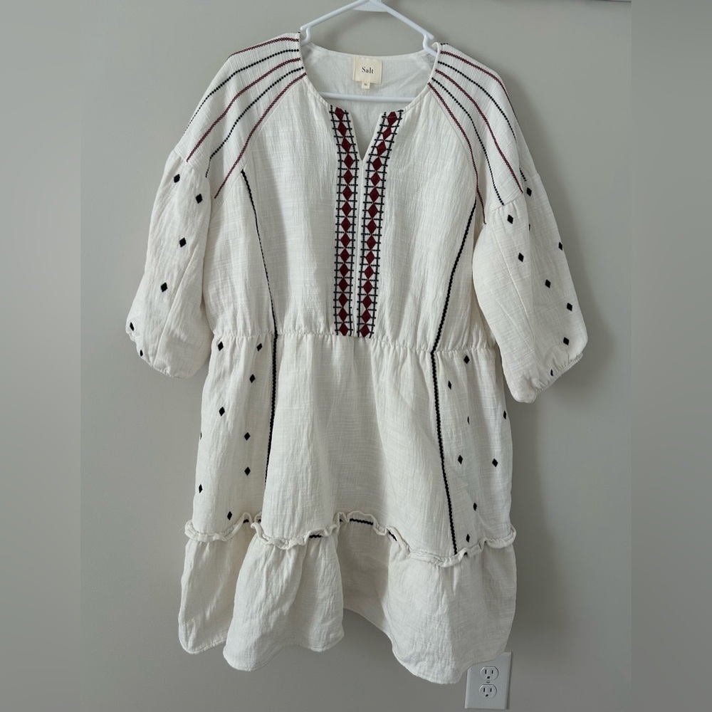 Roolee SALT Dress Embroidered Boho White Red Size XL Puff Sleeve